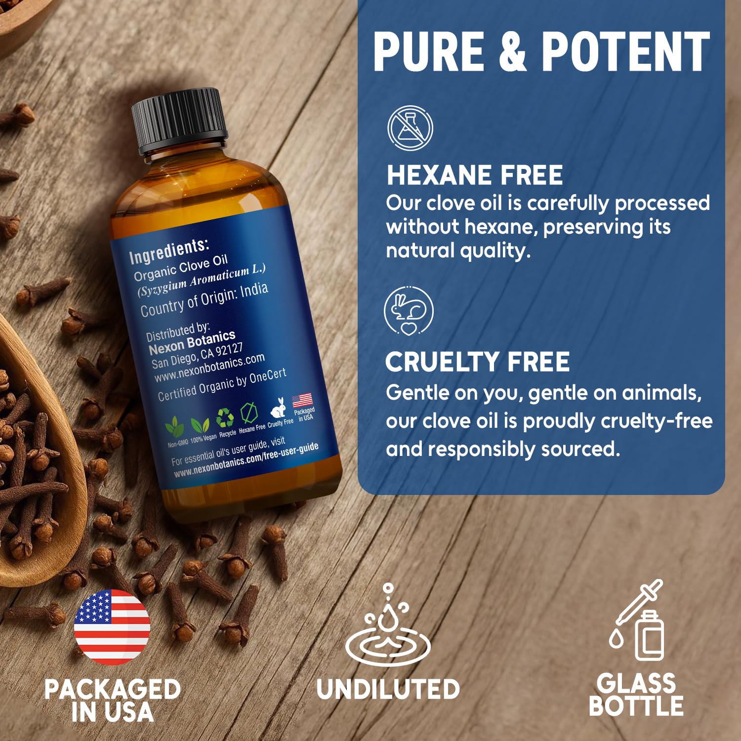 Organic Clove Essential Oil 30 ml - Pure, Natural, Undiluted for Toothache, Sore Muscles, Skin & Hair Care - Soothing Clove Bud Essential Oil - Nexon Botanics