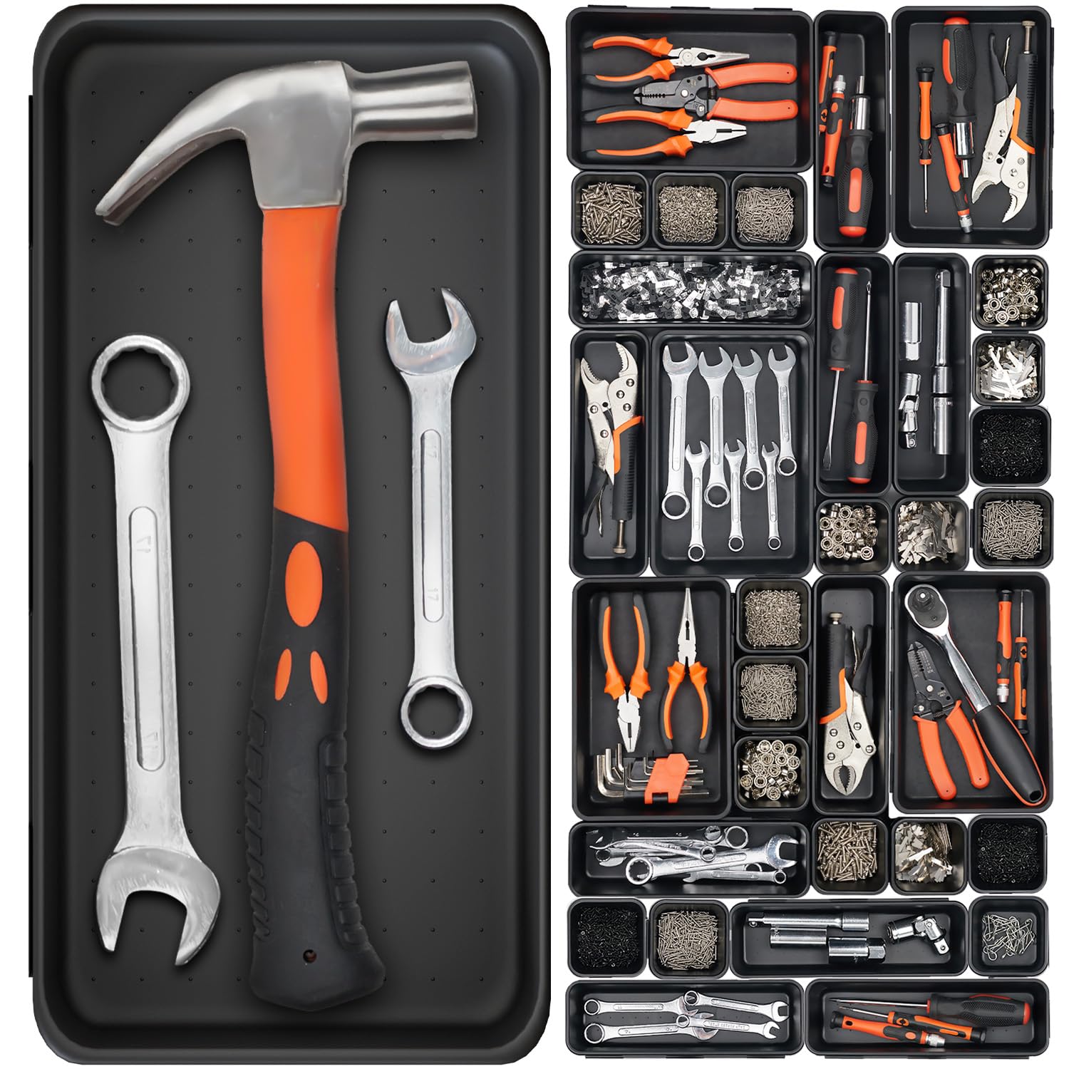 Giklux 46 Pack (5 Sizes) Tool Box Organiser Trays, Plastic Tool Storage Drawer Organiser Dividers, Tool Chest Cabinet Trolley Cart Compartment Box for Small Parts, Spanner, Toolbox