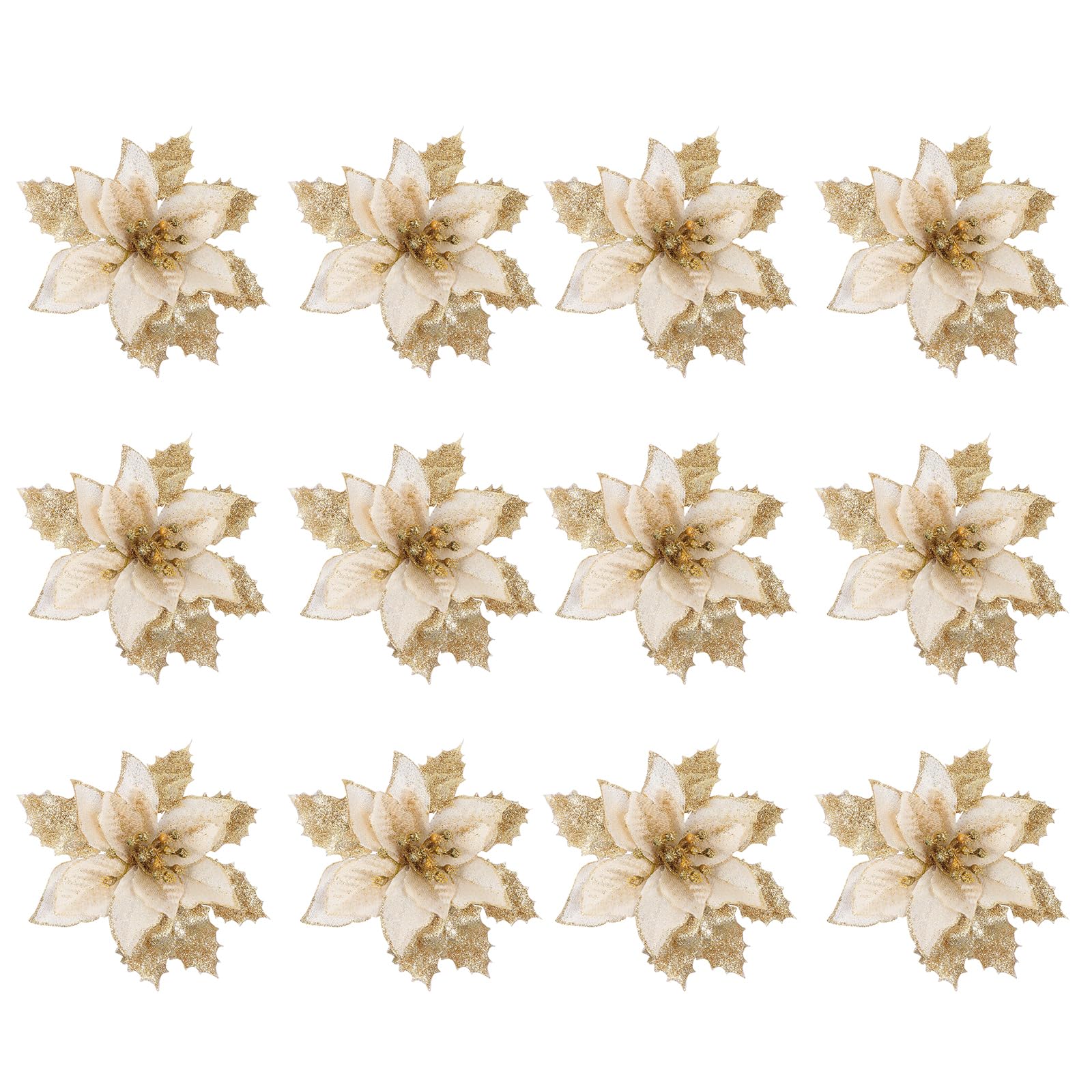 BESPORTBLE 12pcs Christmas Poinsettia Flowers Artificial Glitter Christmas Tree Ornaments (Golden)