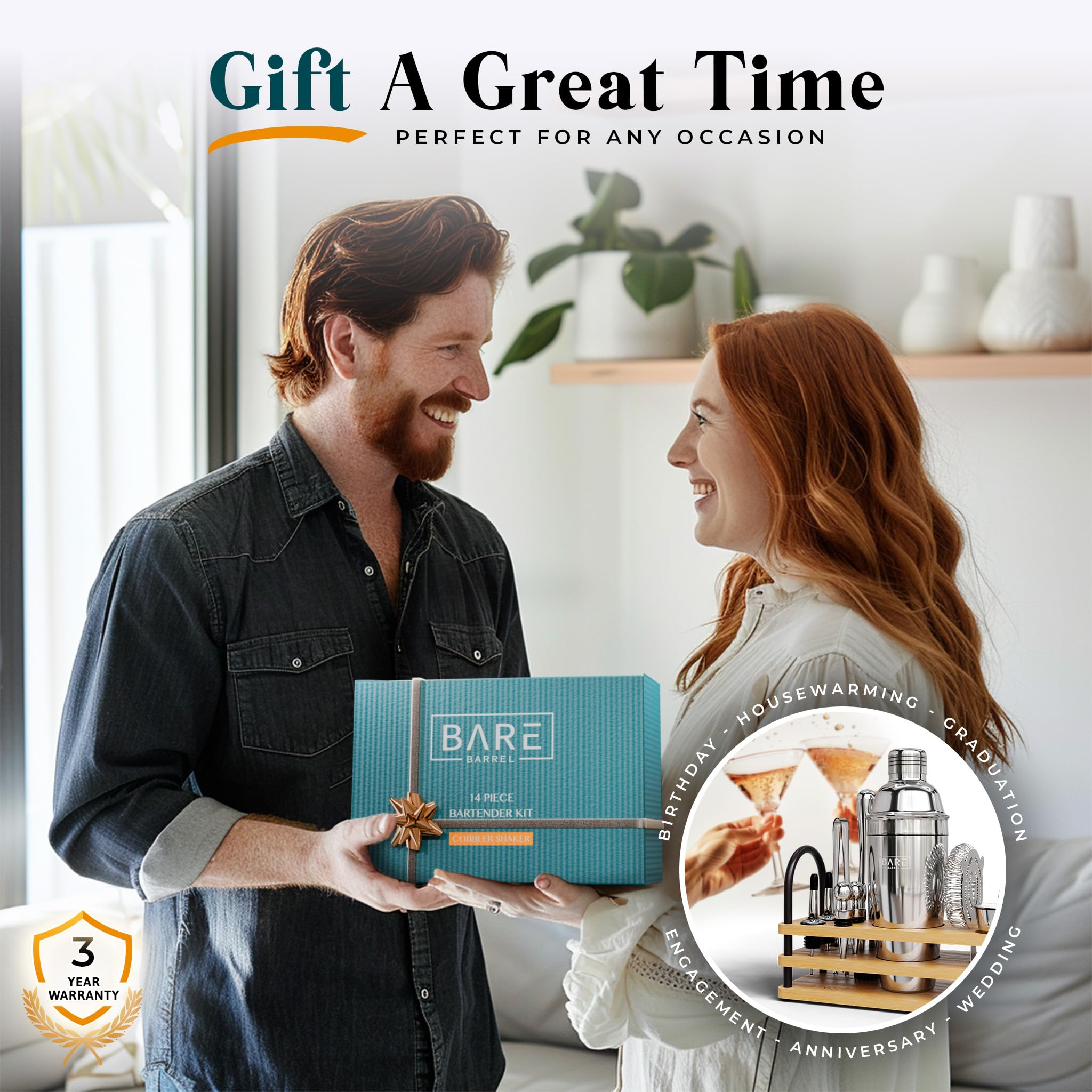 BARE BARREL® Mixology Bartender Kit Bar Set | 14-Piece Cocktail Shaker Set | Martini Barware Mixing Tools for Home Bartending | 35 Recipe Cards | Gift Set (24oz Cobbler Shaker, Silver/Natural)