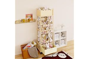 Sunifier Wooden Stuffed Animal Storage Organizer with Wheels & Drawer – 3-Tier Plush Toy Zoo Holder for Kids Room, Nursery & Playroom – Safe Solid Wood, Elastic Rope Design, Smooth Wave Edge