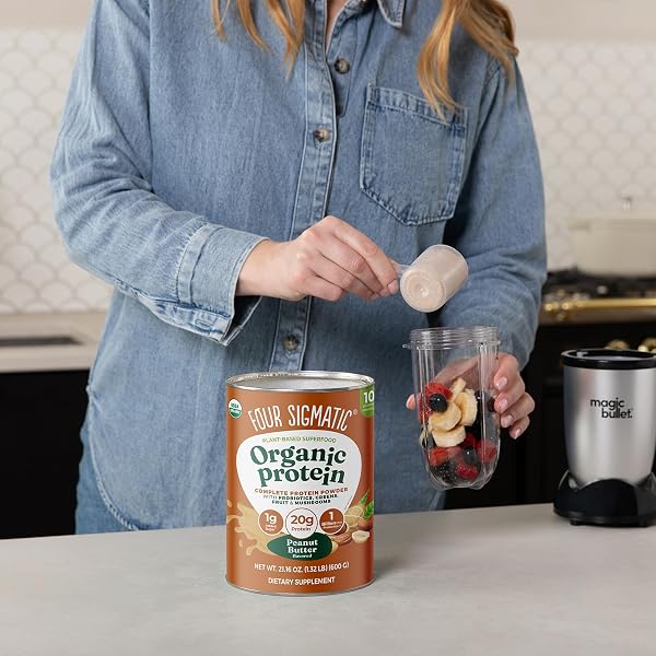 FOUR SIGMATIC ORGANIC PLANT-BASED PROTEIN POWDER | CLEAN VEGAN PROTEIN ELEVATED WITH LION’S MANE, CHAGA, CORDYCEPS AND MORE FOR BRAIN FUNCTION AND IMMUNE SUPPORT | PEANUT BUTTER, 21.16 OZ
