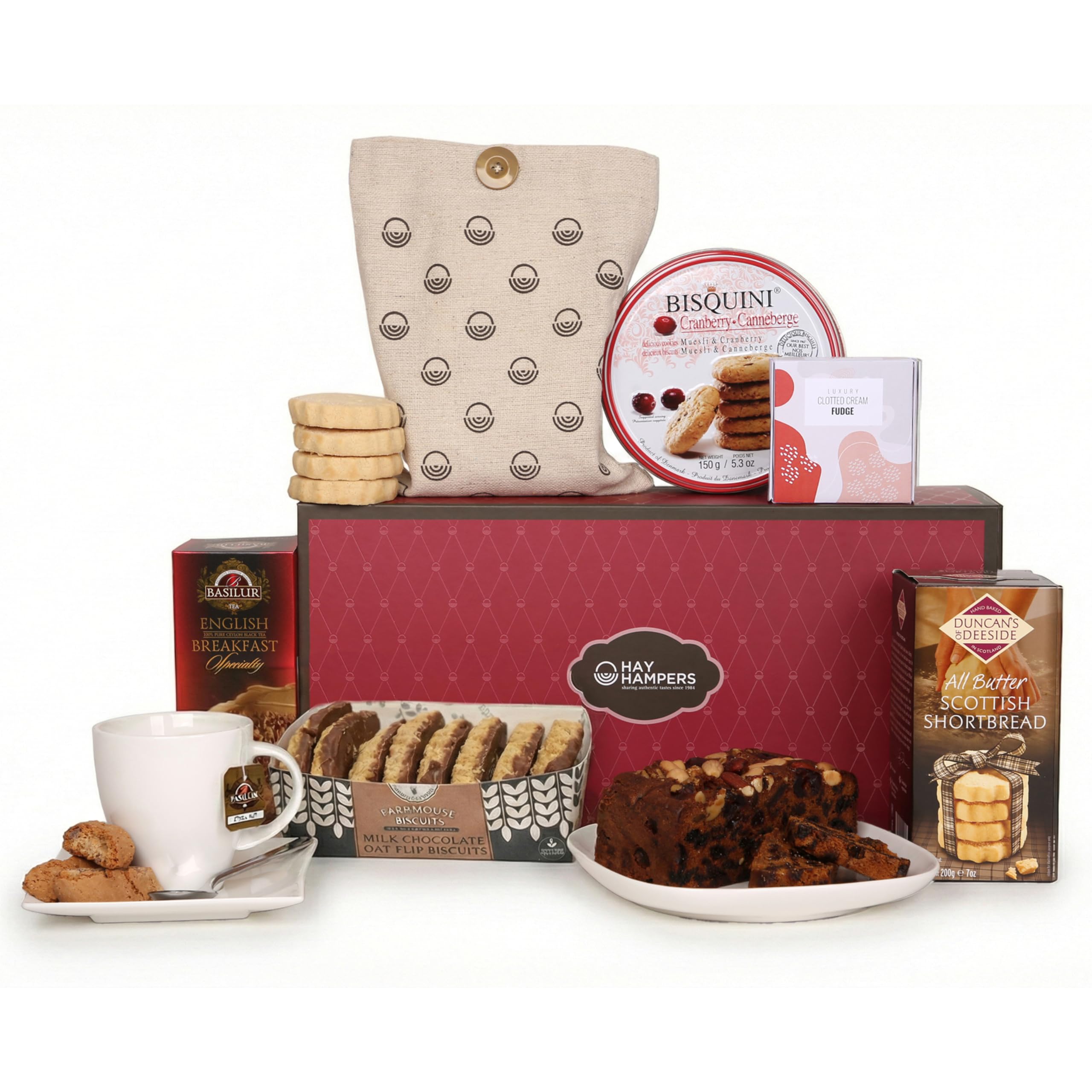 Afternoon Tea Hamper for 2 - Fruit Cake Hamper with Shortbread Biscuits, Fudge, Breakfast Tea, and Cookies - Luxury Food Hampers for Her, Gift Hamper for Mum, Birthday Hampers for Men - by Hay Hampers