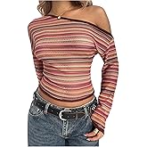 MakeMeChic Women's Fall Y2K Striped One Shoulder Tee Shirt Asymmetrical Neck Long Sleeve Crop Tops