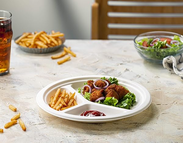 COMFY PACKAGE [10 INCH – 125 PACK 100% COMPOSTABLE 3 COMPARTMENT PAPER PLATES, WHITE HEAVY-DUTY DIVIDED PLATES, DISPOSABLE BIODEGRADABLE PLATES