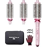 Wavytalk Thermal Brush Set Heatwave Pro 3 Size Ionic Heated Round Brush | Detachable Brush Head for Short to Long Hair, Bilateral Negative Ions for Frizz-Free Shiny Blowout, Pink