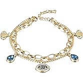CIUNOFOR 14K Gold Plated Evil Eye Bracelet for Women, Adjustable 6.7”+1.2” Double Layer Paperclip Chain with Blue CZ Charms, Protective Symbol Jewelry Gift, Fits 6.0”–7.6” Wrists
