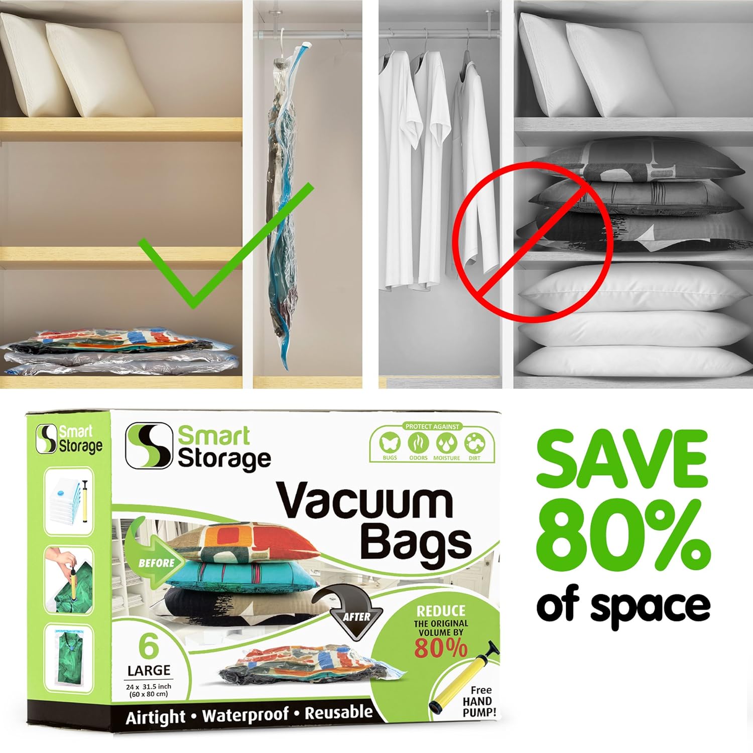 6 PC Vacuum Storage Bags Space Saver Set Vacuum Bags With Travel Pump