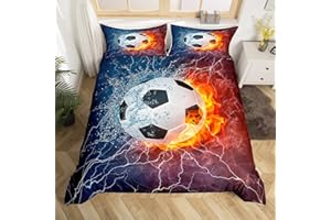 Feelyou Football Comforter Cover,Soccer Sports Abstract Ice and Fire Art Design,Teens Boys Youth Cool Navy Blue Decorative 3 Pieces Bedding Set King Size(1 Duvet Cover Set & 2 Pillow Shams),Zipper