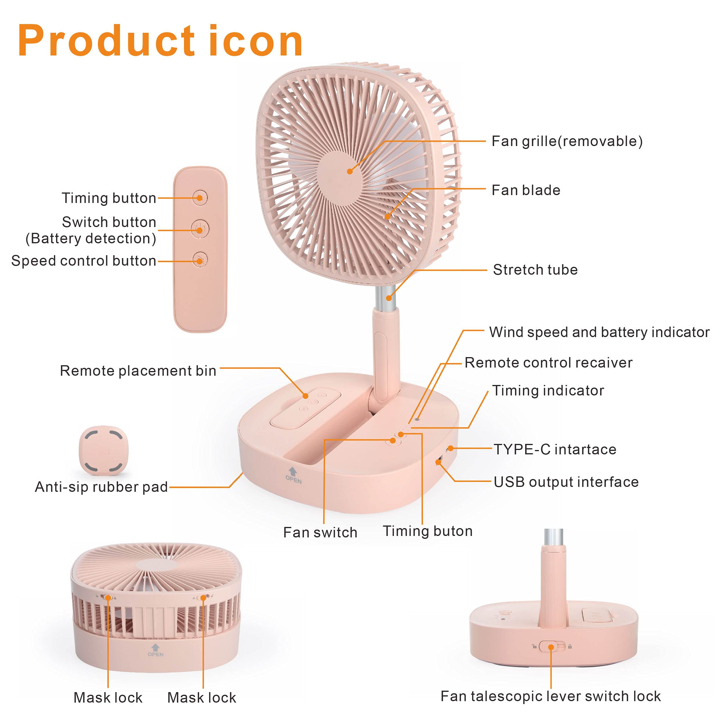 Portable Pedestal Fan - Foldaway Standing Fan Foldable Desk Fan, Use 7200Mah Rechargeable Battery, Remote Control Telescopic 4 Speed Quiet Timer Fan for Home Kitchen Outdoor Camping (Pink)