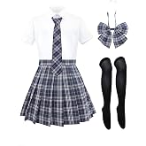 HidmFaw Schoolgirl Outfit for Women Japanese Uniform Set Plaid Skirt Cosplay Sailor Costume with Bow Tie Socks 5 PCS US Size