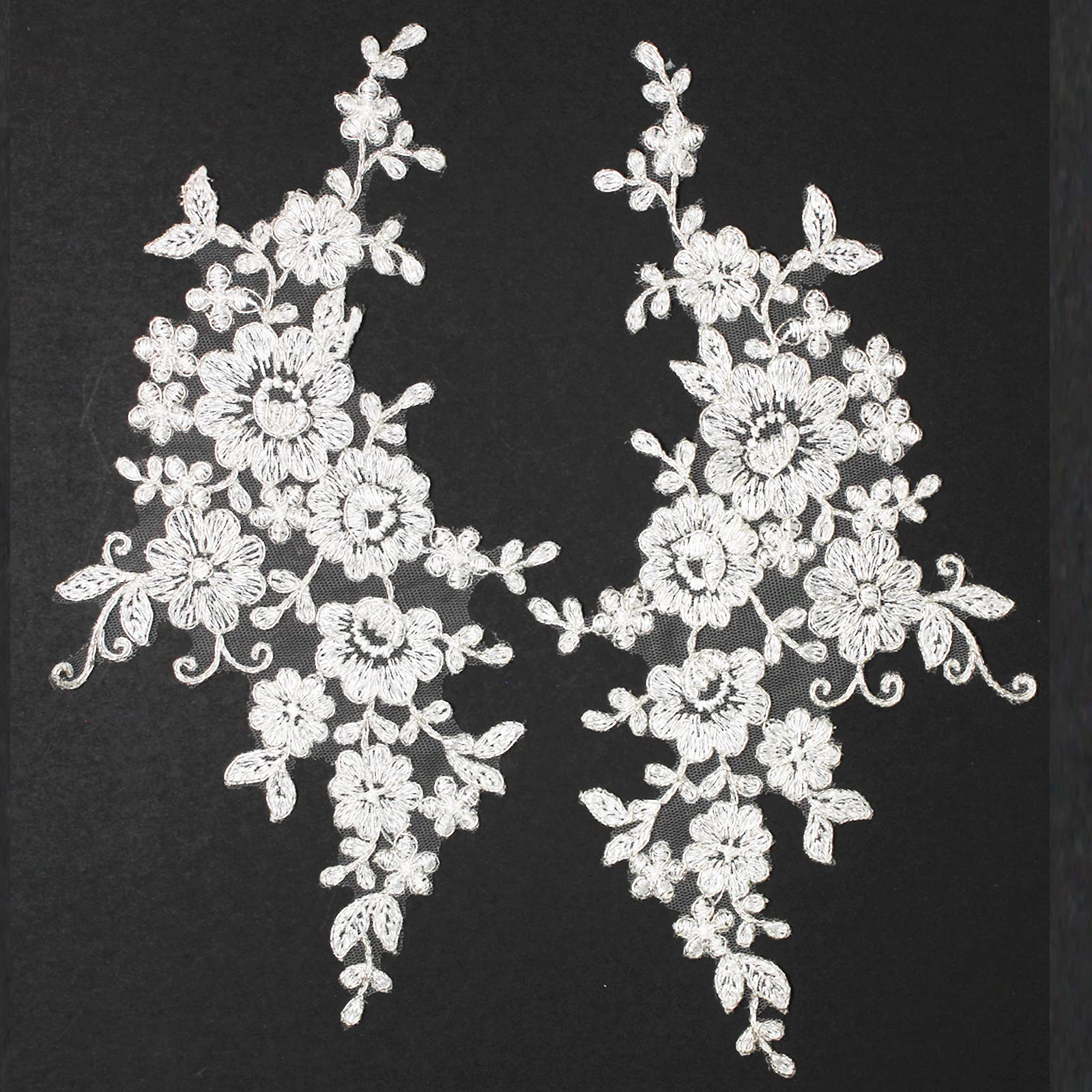 4 X Embroidered Lace Bridal Wedding Lace Applique Trim Motif #4A (Metallic Silver Cream)