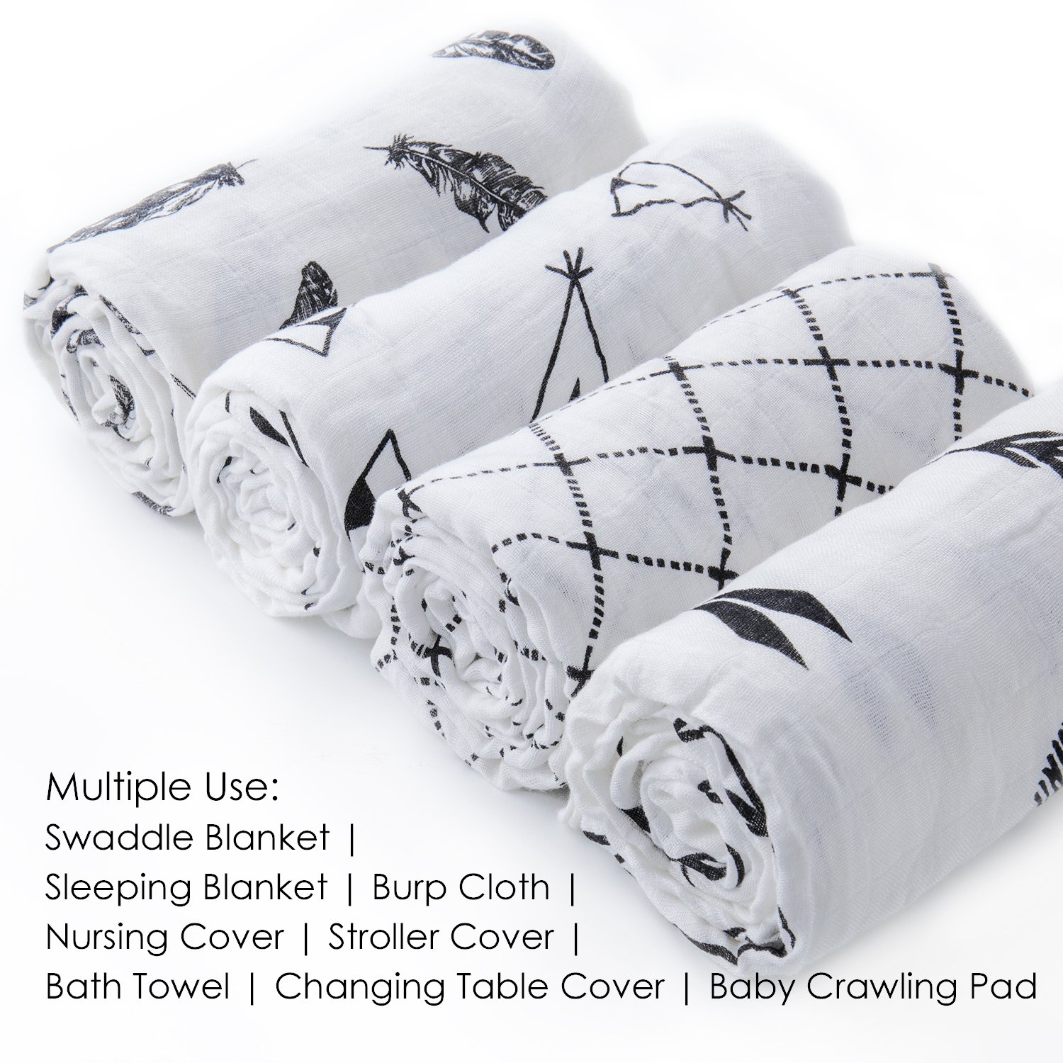 upsimples Baby Swaddle Blanket Unisex Swaddle Wrap Soft Silky Bamboo Muslin Swaddle Blankets Neutral Receiving Blanket for Boys and Girls, Large 46 x 45 inches, Set of 4-Arrow/Feather/Tent/Crisscross: Baby
