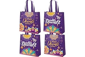 HABDJILTY 16 Pcs Diwali Gift Bags, Happy Diwali Tote Gift Bags with Handles Bulk Floral Non-Woven Candy Bags for Gifts Wrapping and Party Favor-11.8 x 9.8 x 3.9 inches