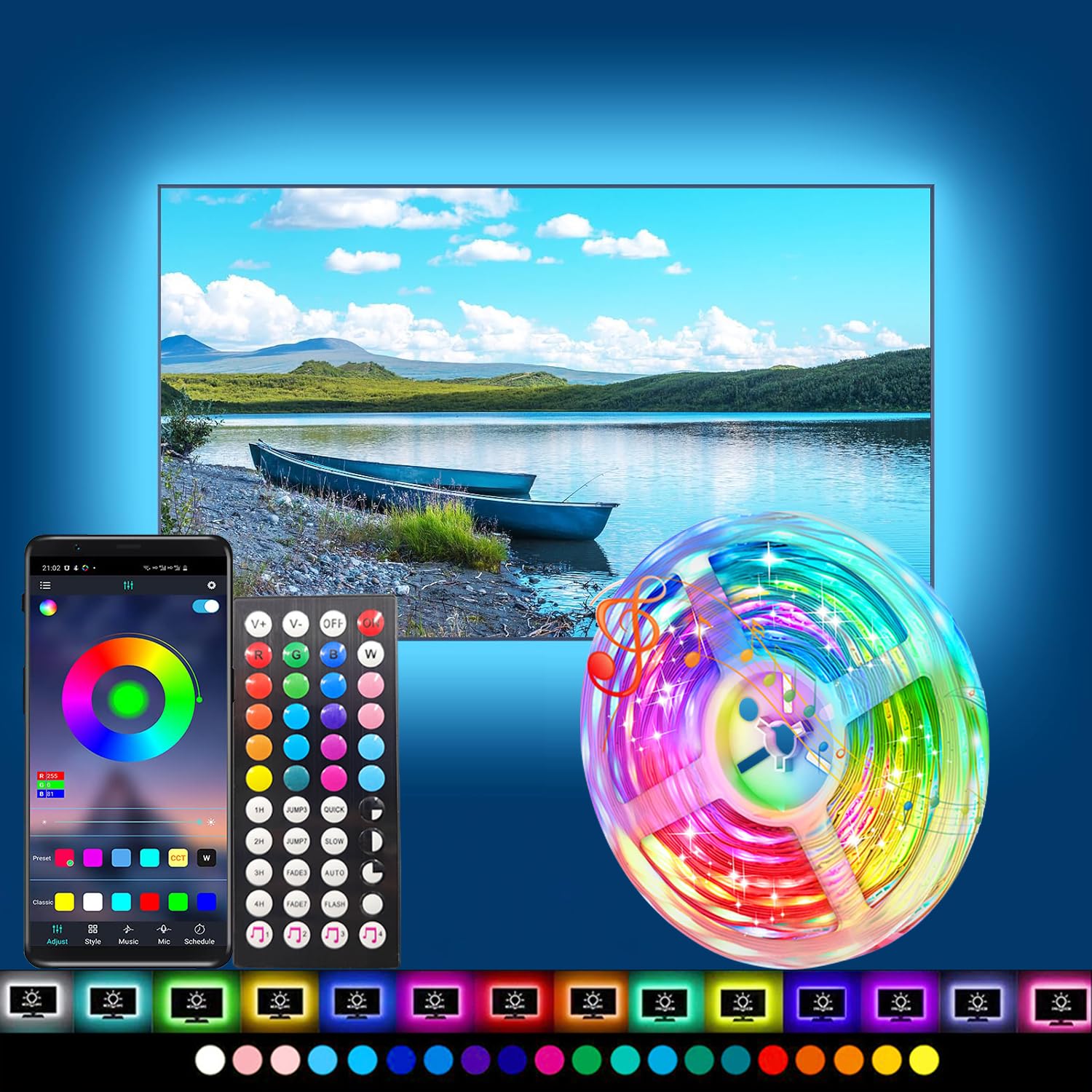 Photo 1 of ZSLAIFU LED Lights for TV LED Light Strip USB-Powered TV Lighting kit with Both Remote and Bluetooth Control Functionalities TV Lights That Change with TV LED Backlight (Multicolor, 16.4FT)