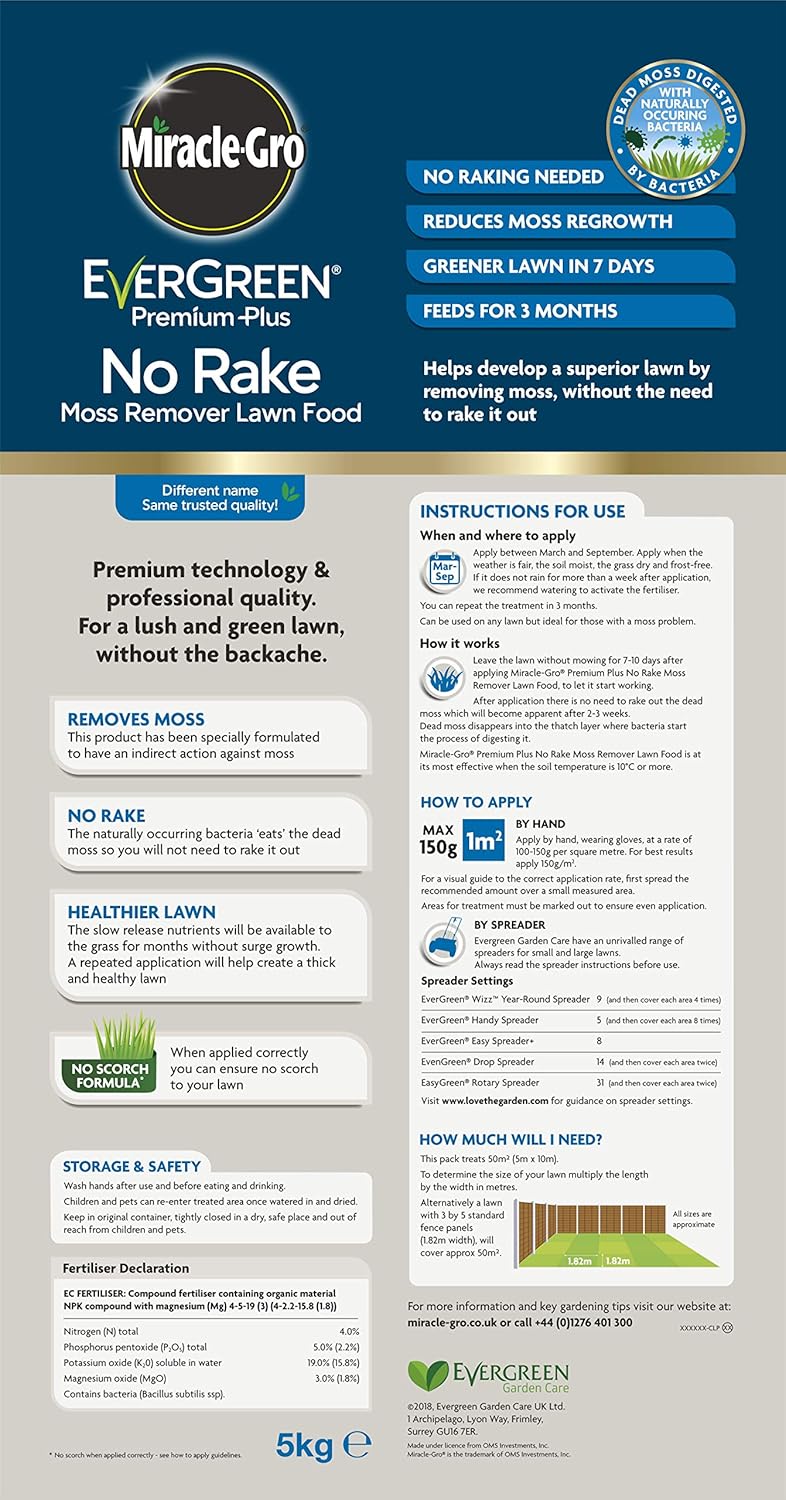 MiracleGro EverGreen Premium Plus No Rake Moss Remover Lawn Food 5kg