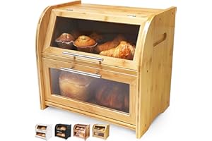 Arise Stylish Bamboo Bread Box for Kitchen Countertop, Extra Large 2-Shelf Wooden Bread Storage Container with Clear Windows 