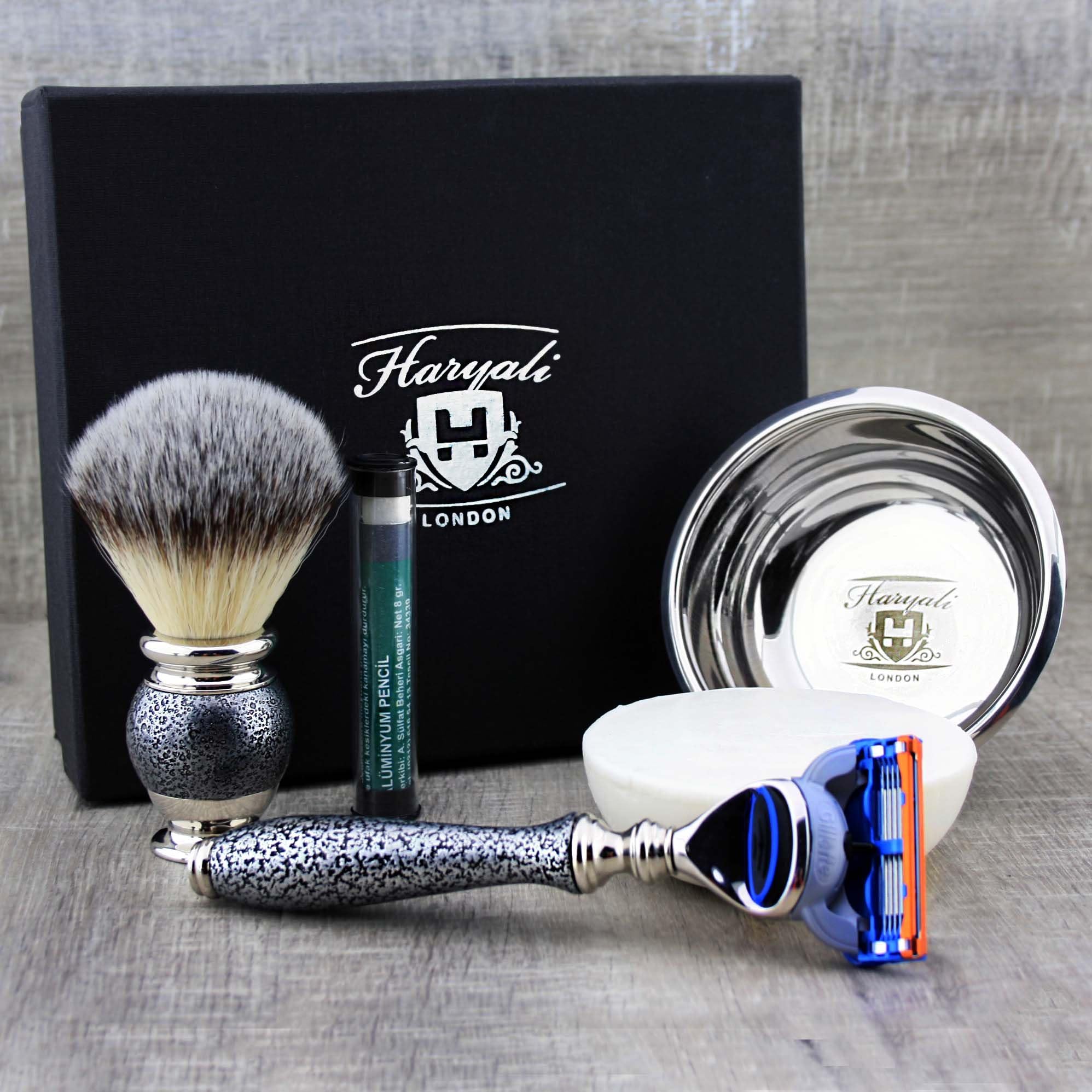 Haryali London 5 Pc Mens Shaving Kit 5 Edge Razor with Synthetic Badger Hair Shaving Brush, Soap, Bowl and Aftershave Alum Stick Perfect Set for Men