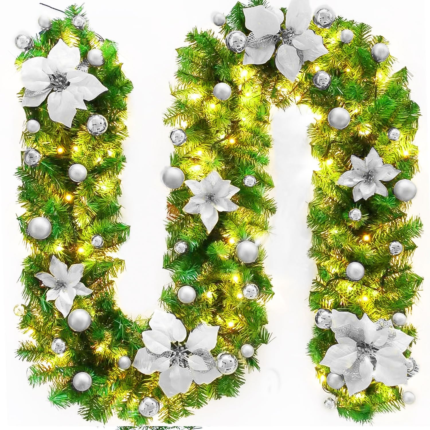 2.7M Christmas Garland Decorations, Christmas Garland with LED Lights, Artificial Christmas Decoration Garland for Fireplaces, Stairs, Interior Decoration, Christmas Ornament Decoration（silver）