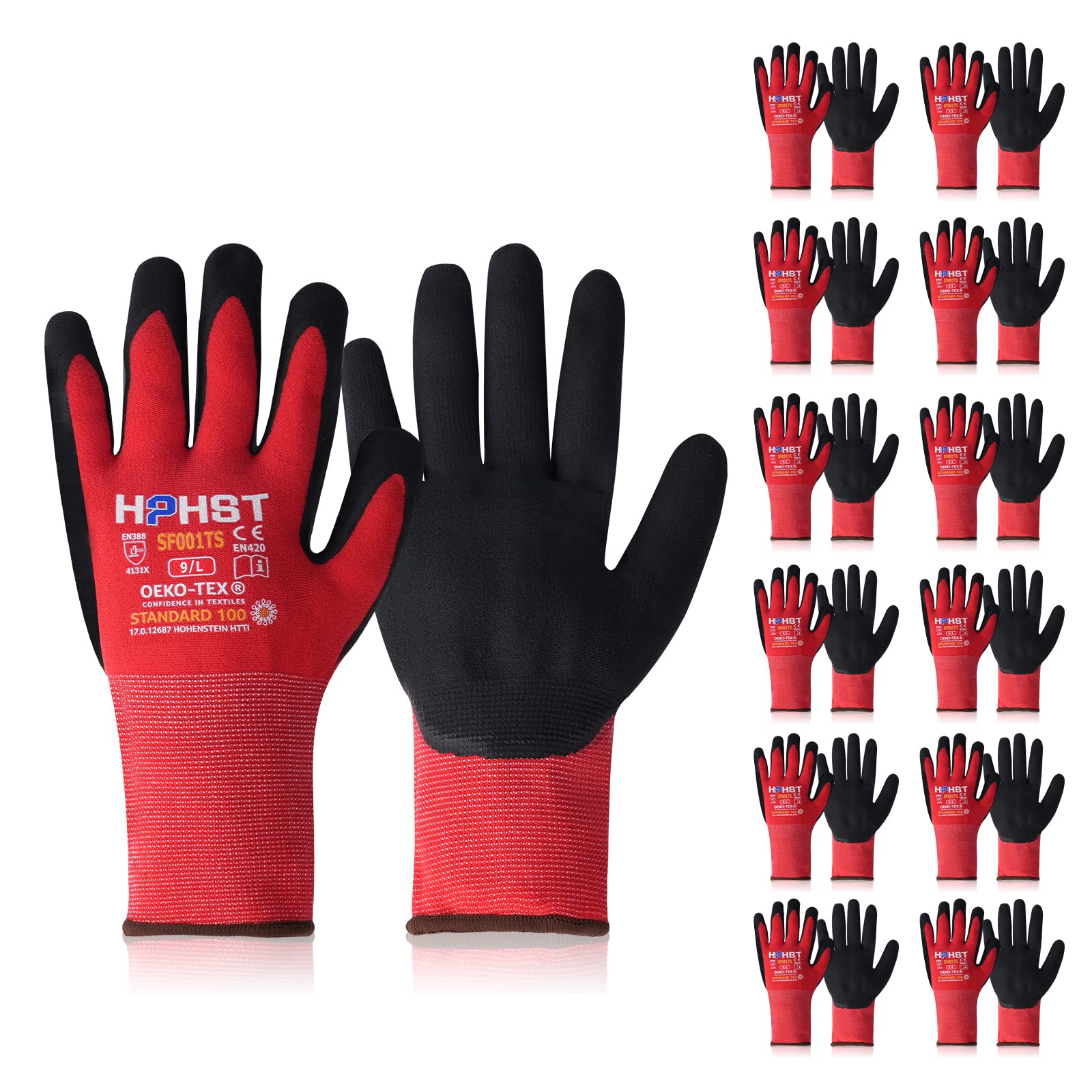 HPHST Nitrile Work Gloves SF001TS,Micro Foam Technology & Spandex Liner Nitrile Coated,CE Approved 15 Gauge Ergonomic Design,Smart Touch,Thin Machine Washable (Small, Red 12 Pairs)