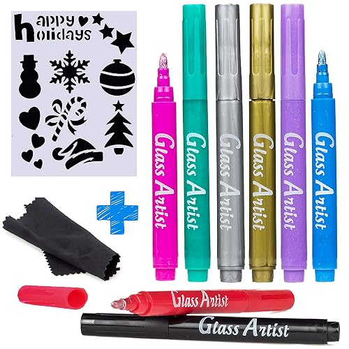 Glass Artist Wine Glass Markers - Pack of 8 with Stencils, Metallic Markers, Glass Charms, Erasable, Safe - Wine Accessories