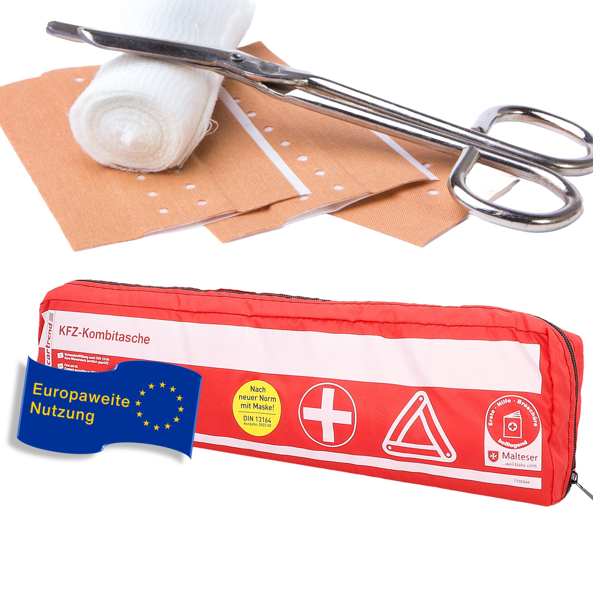Cartrend 7730044 Combo bag with Velcro strip, red, DIN 13164, with "Malteser" first aid emergency measures