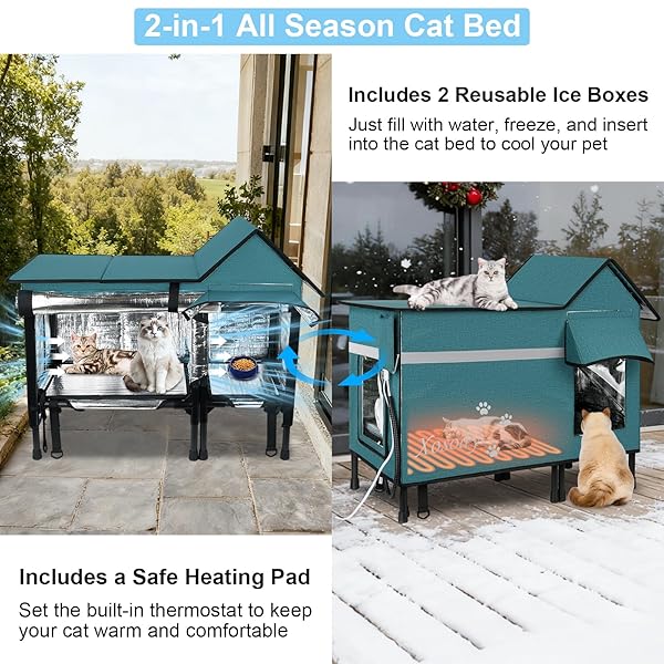 XOSODY HEATED CAT HOUSE FOR OUTSIDE CATS- 100% WEATHERPROOF INSULATED OUTDOOR CAT HOUSE WITH HEATING PAD, ELEVATED BASE & SAFE ESCAPE DOOR, WARM KITTY SHELTER FOR FERAL OR STRAY CATS IN WINTER