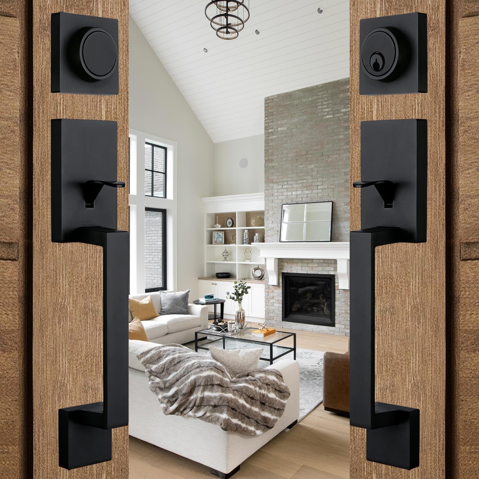 Photo 1 of NEWBANG Front Double Door Traditional Style Keyed Entry Door Handleset with Lever Handle in Matte Black,(Keyed and Dummy Set),MDHST2010DB-SET-BR-TMC