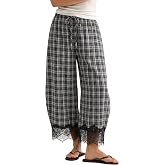 Wefebi Women Gingham Cropped Lace Hem Pants High Waist Wide Leg Harem Pant | Relaxed balloon harem silhouette, side pockets, soft lightweight plaid fabric, scalloped lace trim, multi plaid hues