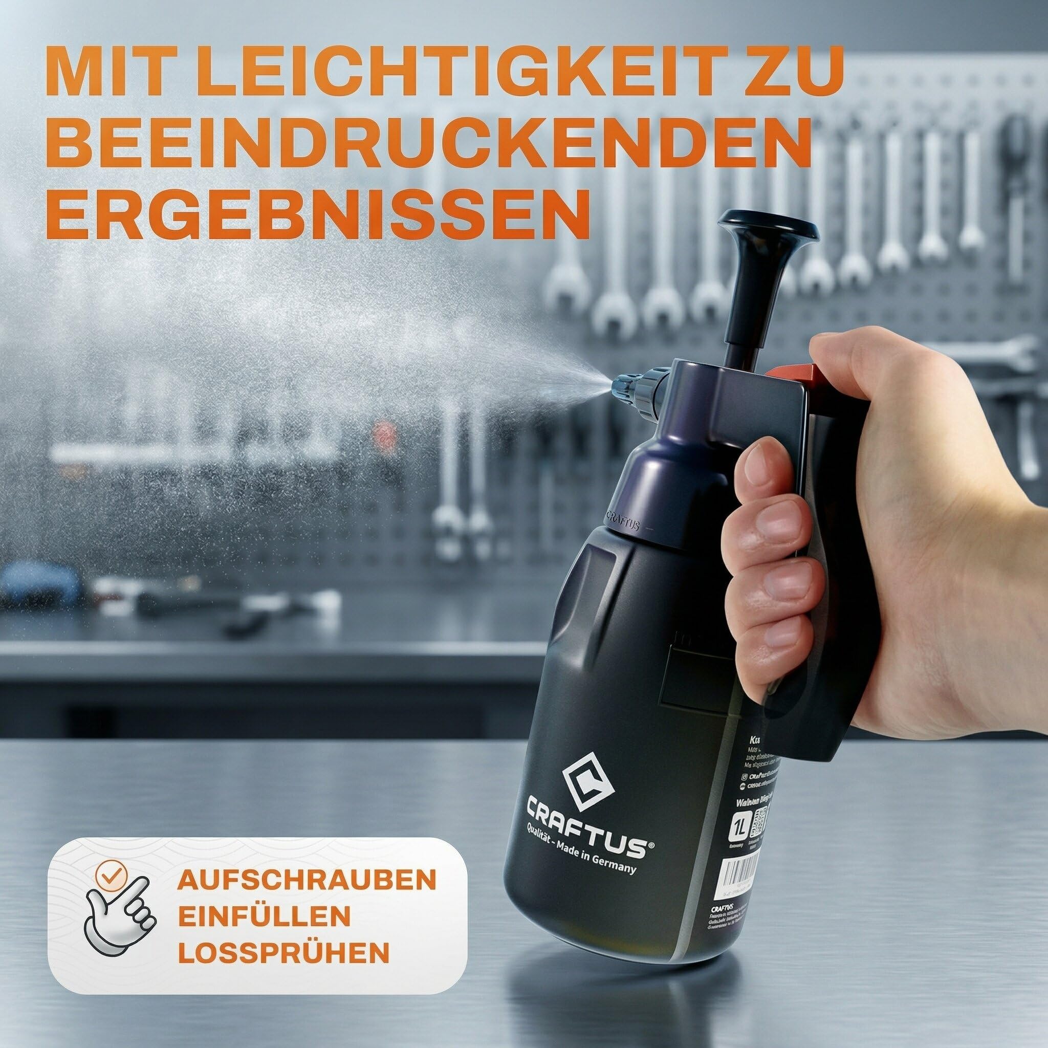 CRAFTUS® Drucksprüher 1L für gleichmäßige Verteilung von Flüssigkeit I Pumpsprühflasche für KFZ, Haus, Garten, Reinigungsmittel UVM. I Pumpflasche mit Überdruckventil & Verstellbarer Düse 6