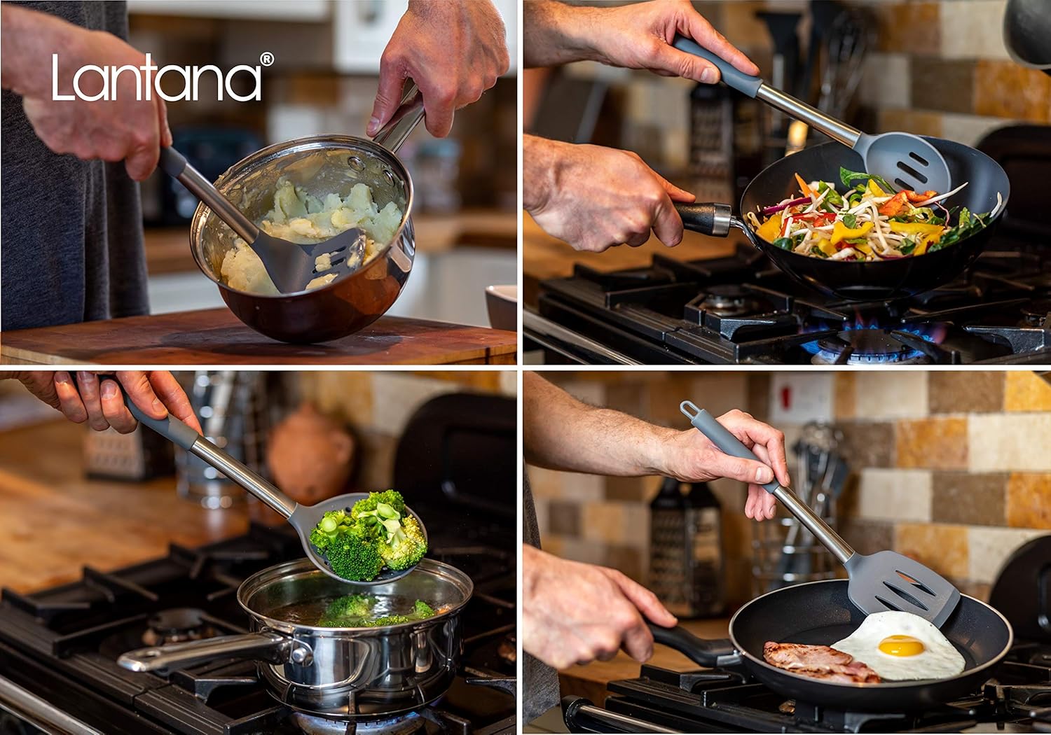 Lantana Premium 11pc Silicone Kitchen Utensil Set for Cooking and Baking in Sleek Grey and Brushed Stainless Steel. Includes; Tongs - Image 4