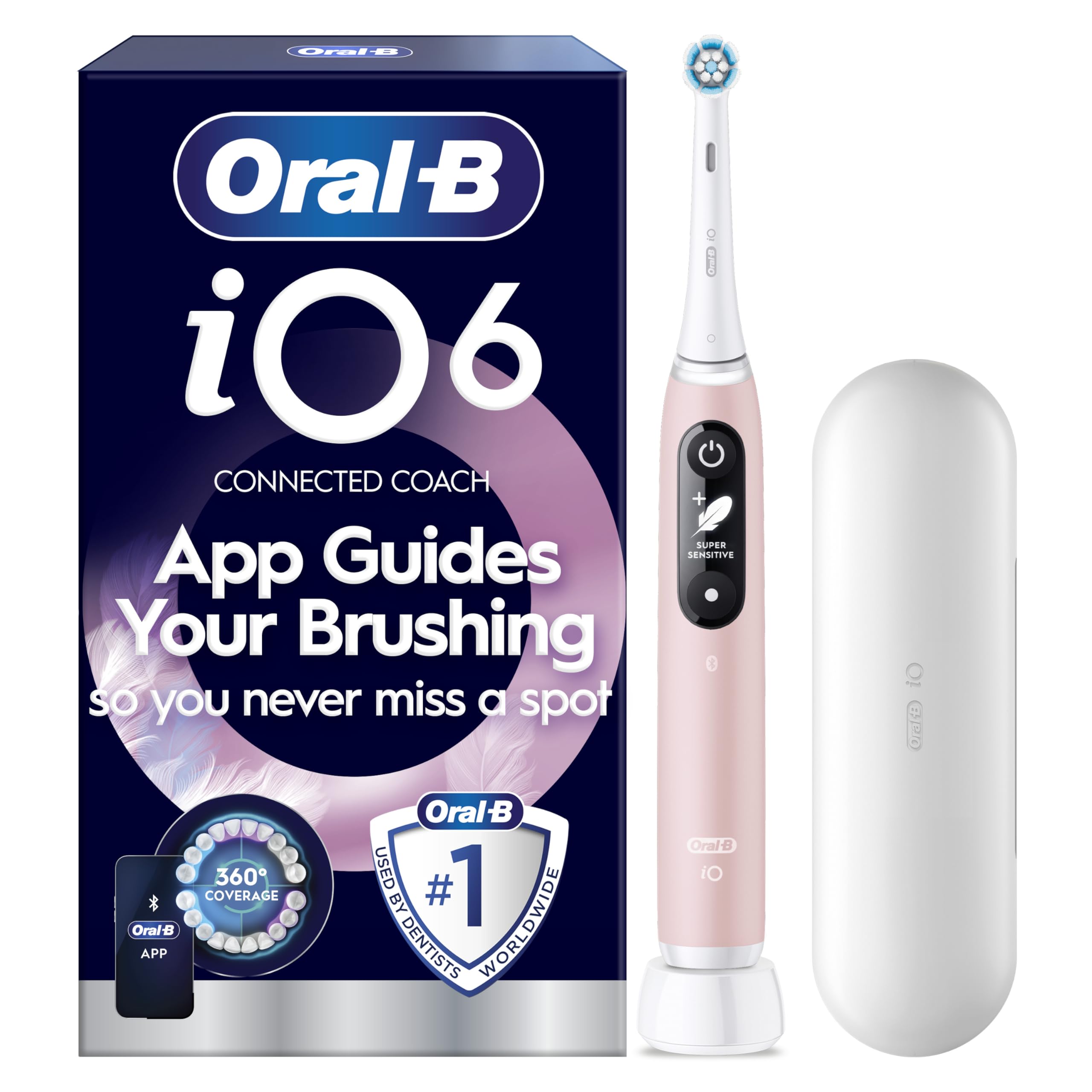 Oral-B iO6 Electric Toothbrush For Adults, 1 Toothbrush Head and Travel Case, 5 Modes with Ultra-Sensitive, 2 Pin Plug, Pink Electric Toothbrush, Oral B Electric Toothbrushes