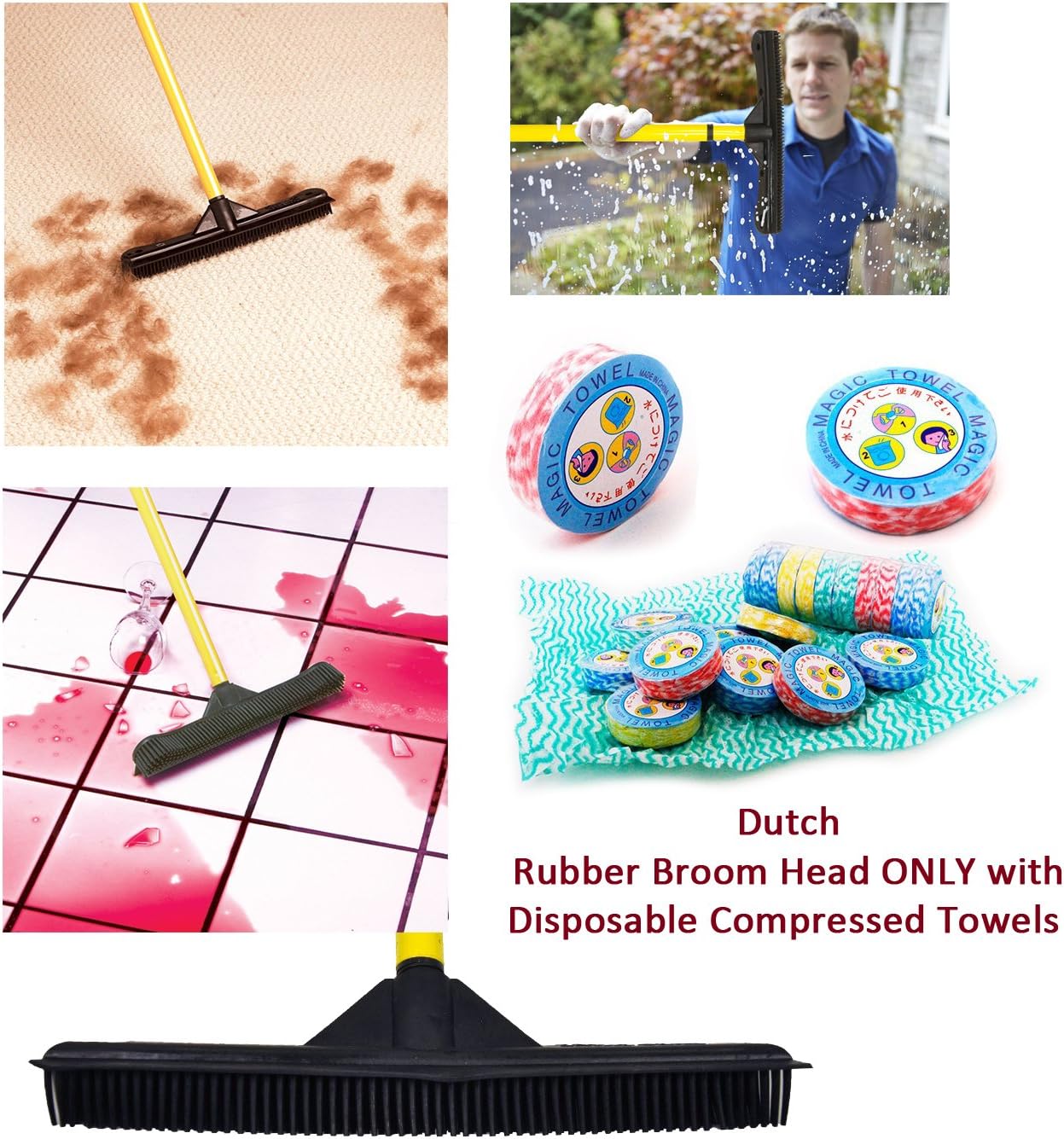 Dutch Rubber Broom 12" Head- 12 Inches Rubber Broom Head Only Fits Any Handle with Disposable Compressed Towels