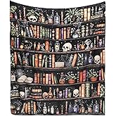 Nqhsionv Book Lovers Gifts Bookish Blanket Goth Skull Bookshelf Halloween Throw Blanket Gifts for Bookworm,Reader,Reading,Bookclub,Booknerd,Librarian,Bookish,Book Accessories Halloween Decor- 60”X50”