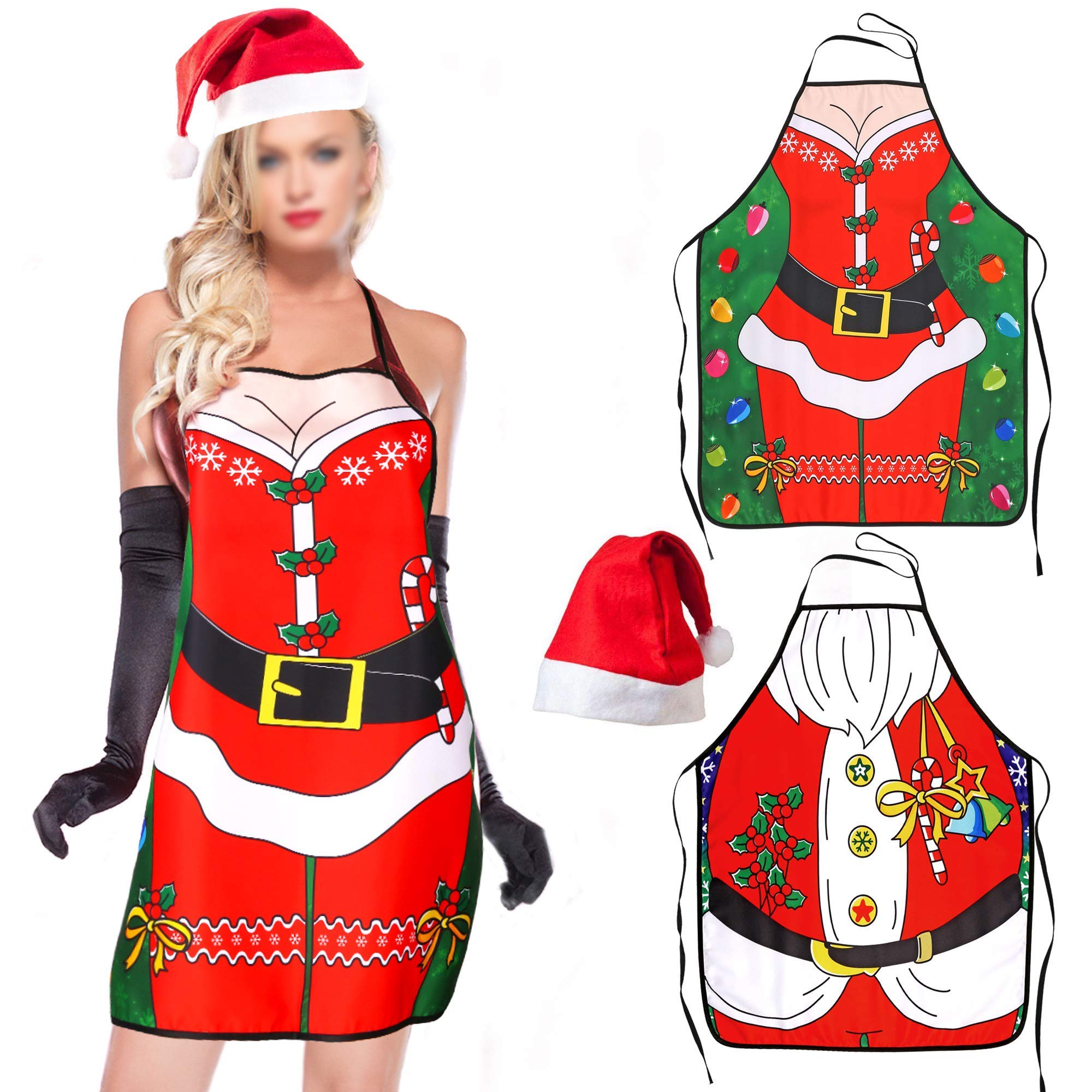 HOWAF 2pcs Christmas Kitchen Baking Aprons for Women Man, Sexy Christmas Santa Apron with 1pcs Santa Hat Dress Set for Adult Christmas Funny Family Dinner Cooking BBQ Flirty Xmas Dress Decoration