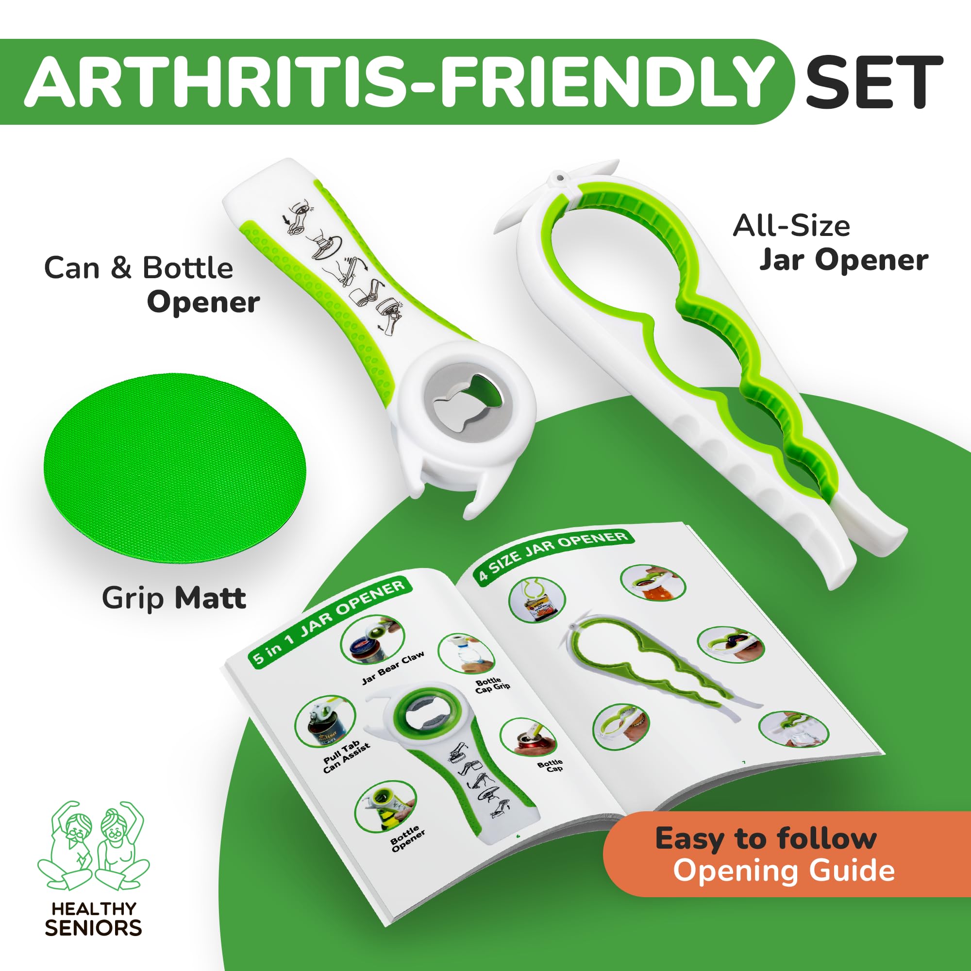 Jar Opener For Seniors With Arthritis, Easy Twist Jar Opener For Weak Hands, Multi-Function Bottle Opener For Arthritic Hands With Rubber Jar Opener Gripper Pad (Pea Green)