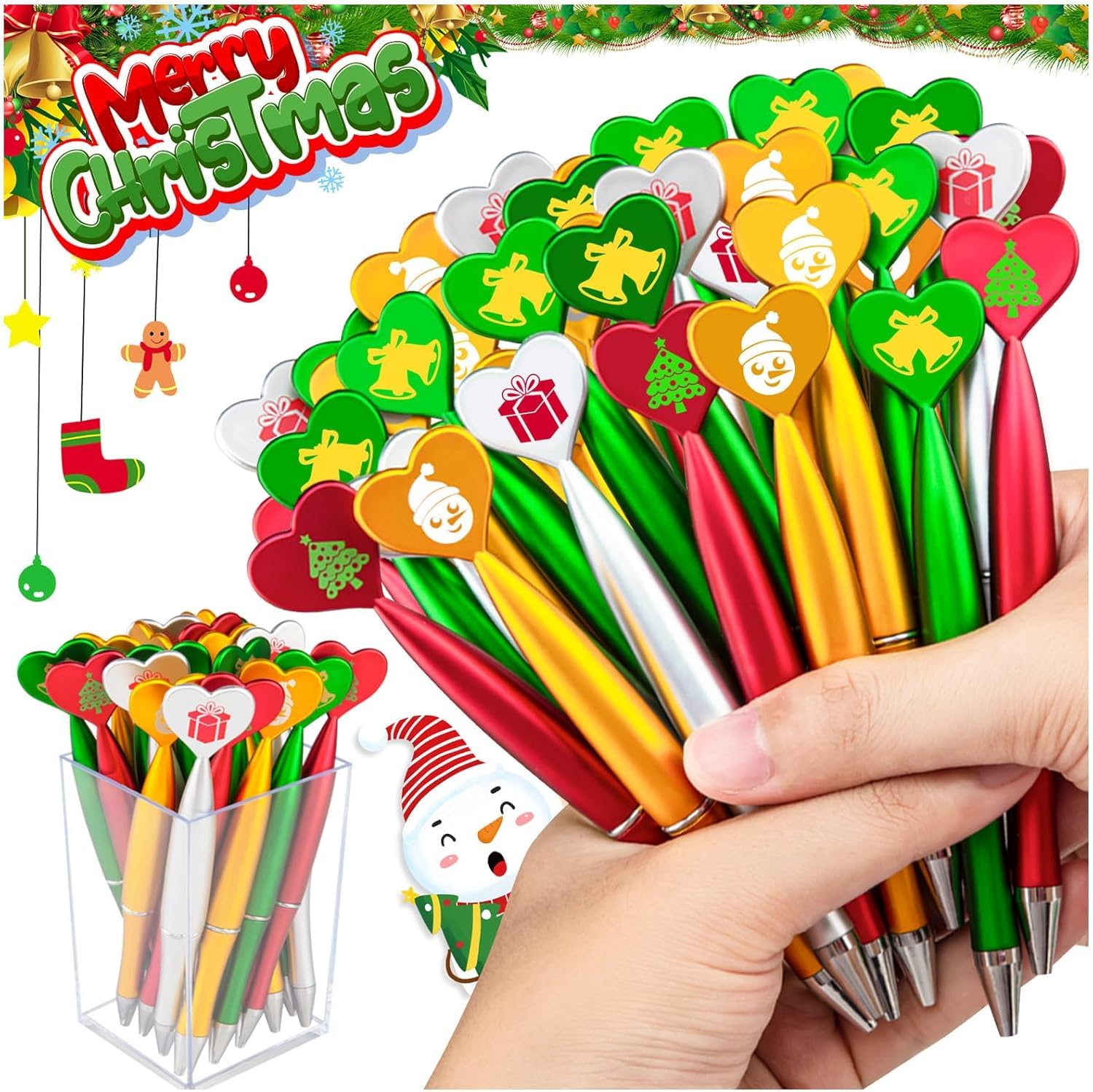 KAHEIGN 48Pcs Christmas Ballpoint Pens, 4 Styles Retractable Black Ink Pen 14CM Snowman Bell Christmas Tree Gift Box Rollerball Pens for Xmas Stocking Fillers Party Favors