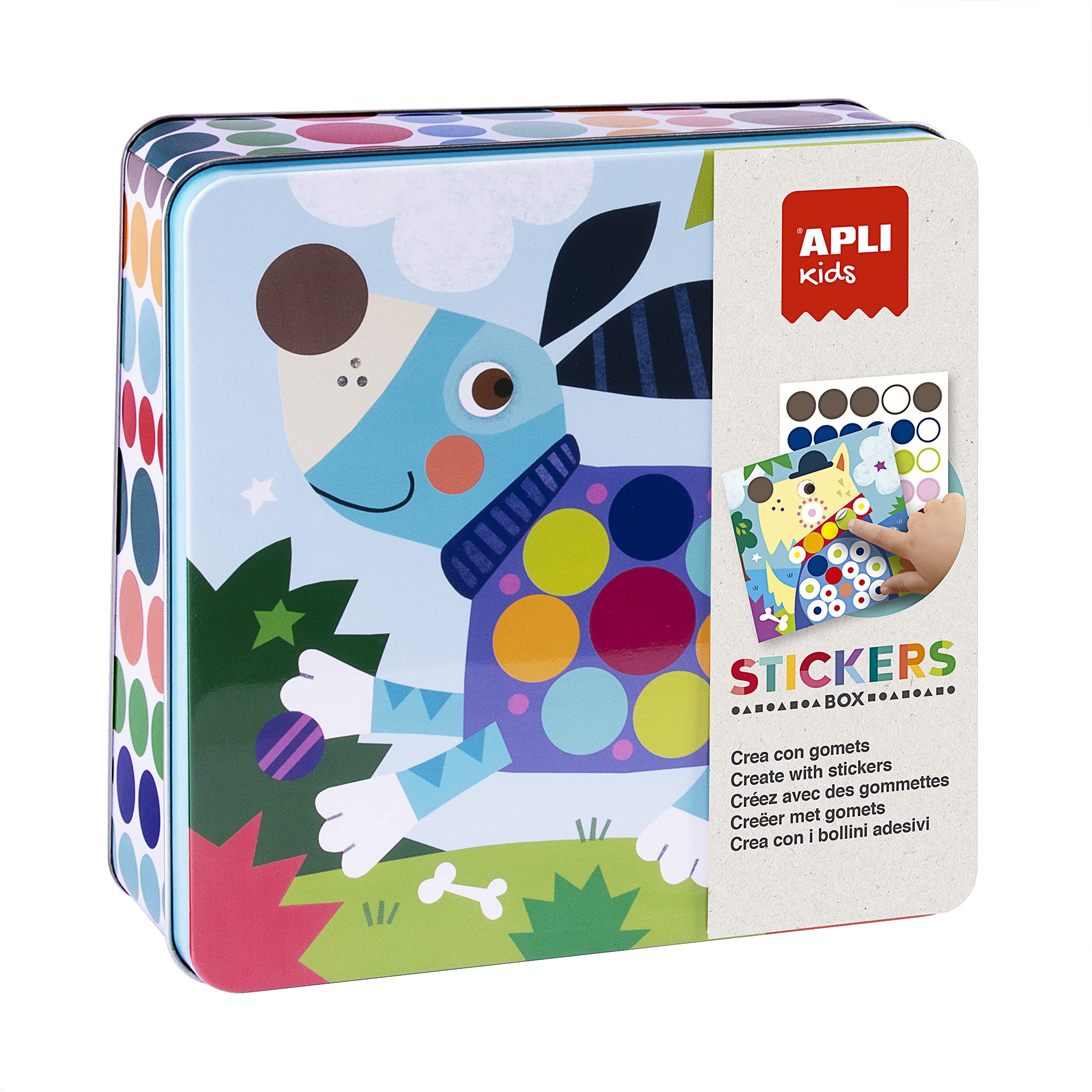 APLI Kids 18814 - Set of Multicolored Gummets in Metal Box Model Dogs - Set of Stickers to Complete the Illustrations