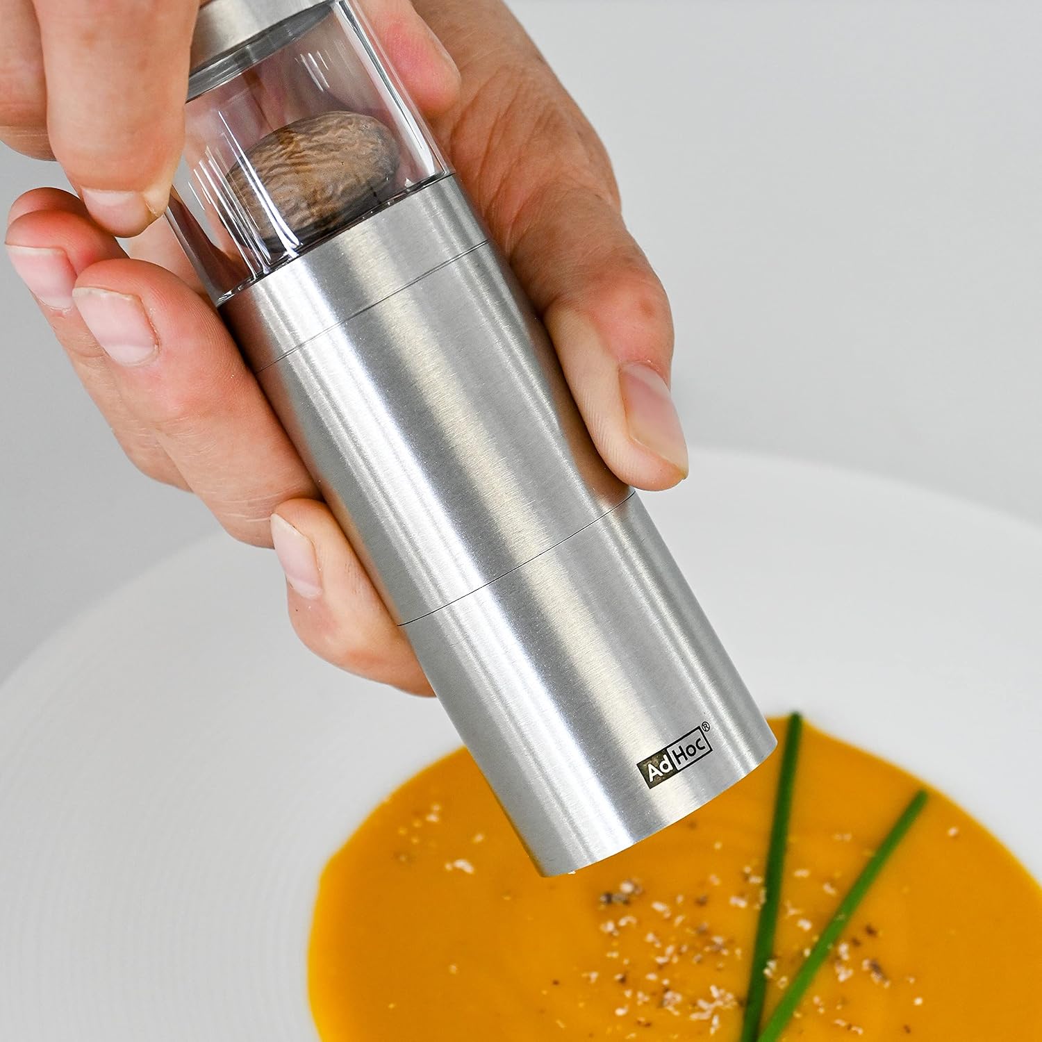AdHoc Muskatino Nutmeg Grinder, Nutmeg Mill, Spice Grinder, Stainless Steel/Acrylic, Aroma Cap, 12.5cm, Silver - Image 3