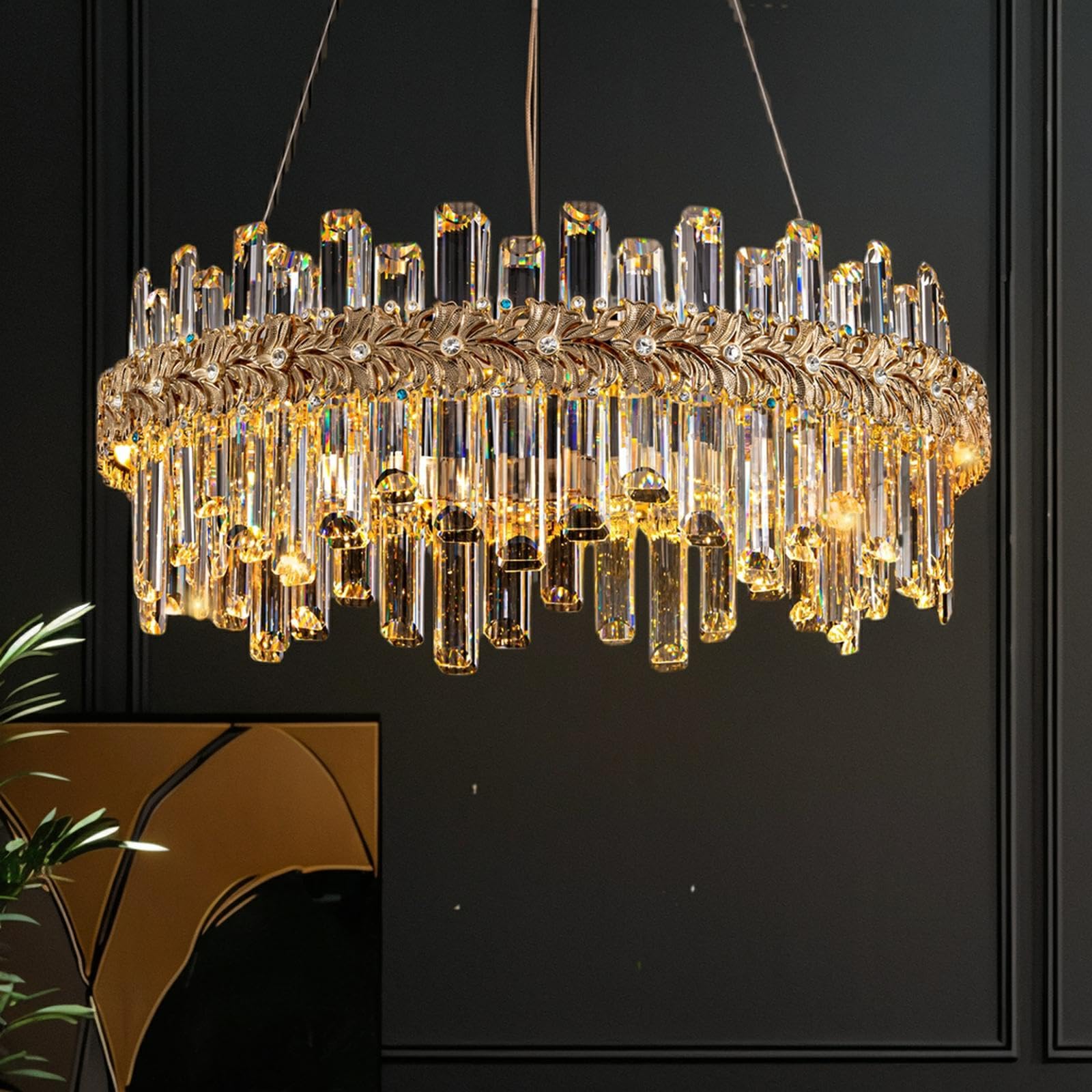 Photo 1 of *MISSING PARTS UNKNOWN*
Tinkoso Gold Crystal Chandeliers for Dining Room,24" Luxury K9 Raindrop Crystal Chandelier,Adjustable Brushed LED Pendant Ceiling Light Fixture with Leaf-Edge for Dining Living Room Foyer Entryway