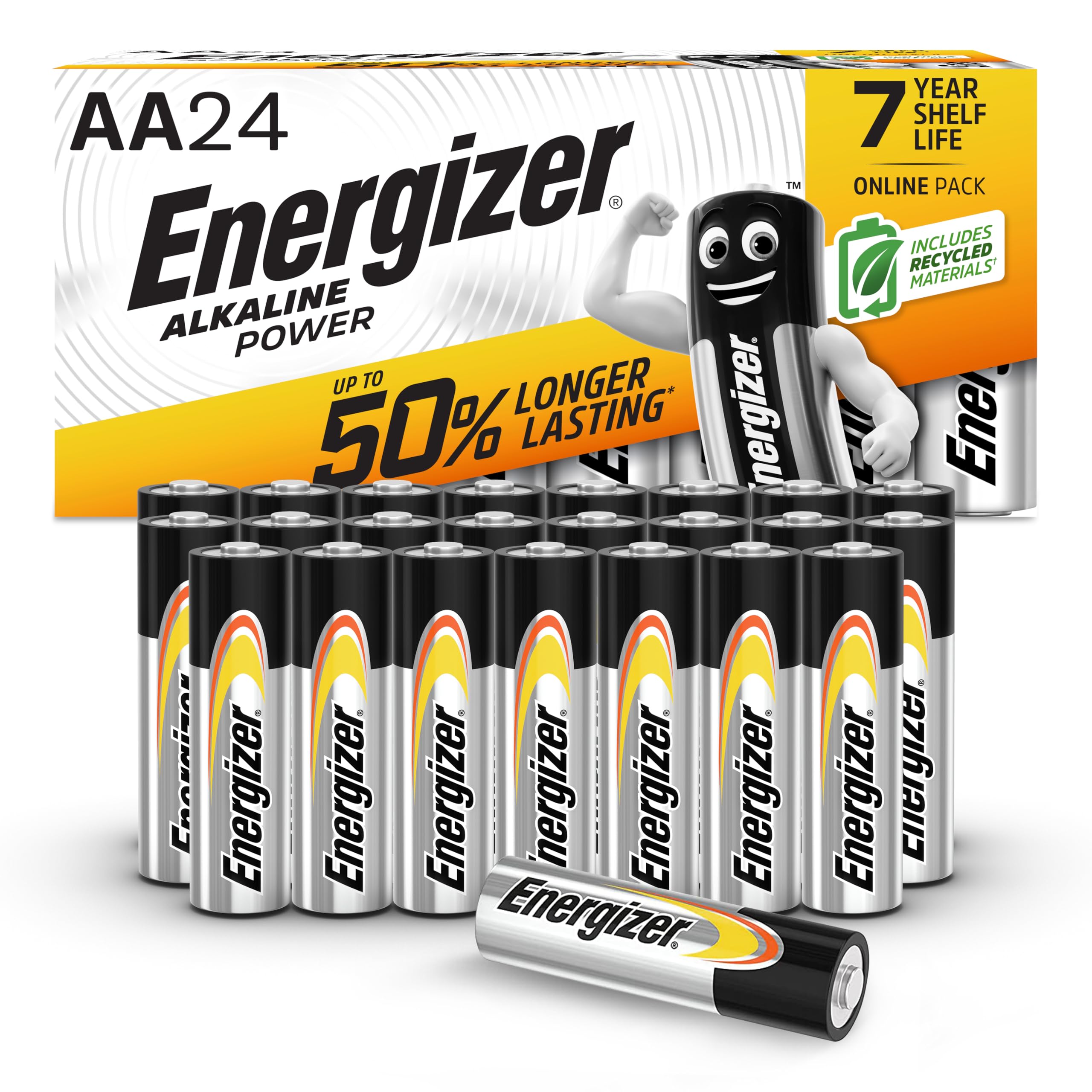 Energizer Alkaline Power - AA Batteries (24 Pack) - Double A Battery 1.5V - Up To 50% Longer Lasting - For Everyday Devices - 100% Recyclable Packaging - 7 Year Shelf-Life [Amazon Exclusive]