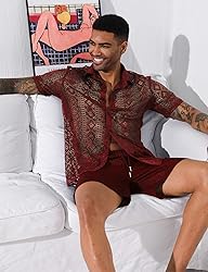LecGee Mens Boho 2 Piece Outfits Mesh Transparent