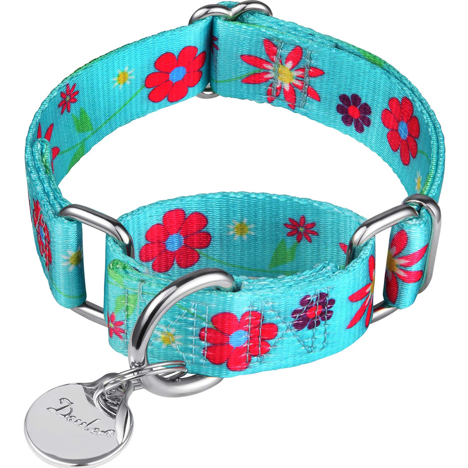 Dazzber Martingale Collars for Dogs – Soft Adjustable Dog Collar, Durable D-ring Heavy Duty, Choke Collar for Large Medium Small Dogs (Medium, 2.5cm Wide, Teal and Sun Flower)