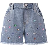 WELAKEN Girl Jean Shorts Rhinestone Ripped Raw Trim Straight Leg High Waist Denim Shorts