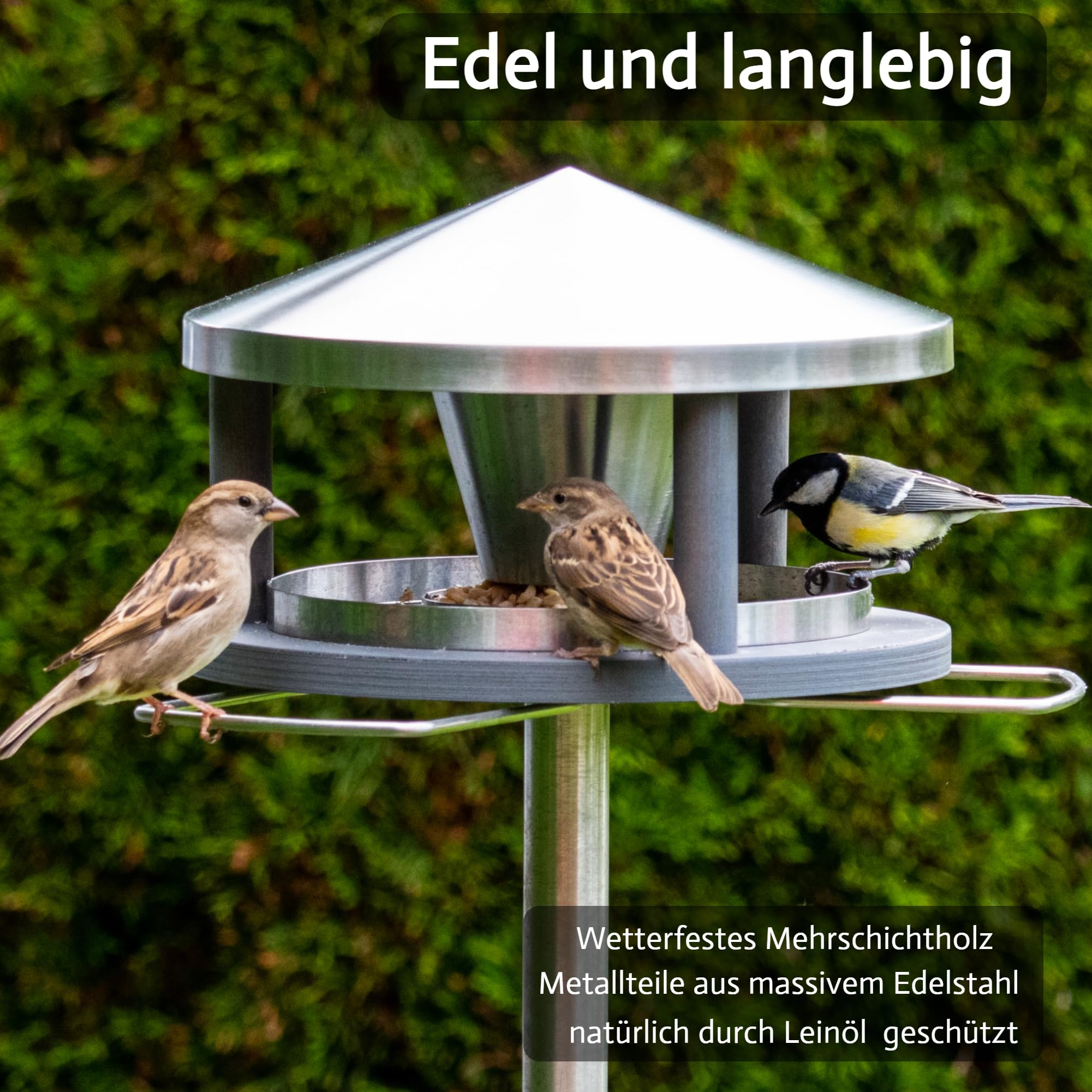 LicusDesign Vogelhaus mit Ständer wetterfest aus Edelstahl - Stabiles Vogelfutterhaus für draußen, modern aus Metall - Vogelfutterstation - Futterhaus für Vögel stehend 3