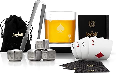 Amazon Com Joyjolt Poker Whiskey Glass Set Jack Of Spades Semi Square Rocks Glass Tumbler 4x Dice Whiskey Stones Dice Bag Playing Cards Deck Mini Tongs For Reusable Ice Cubes Cool Whiskey
