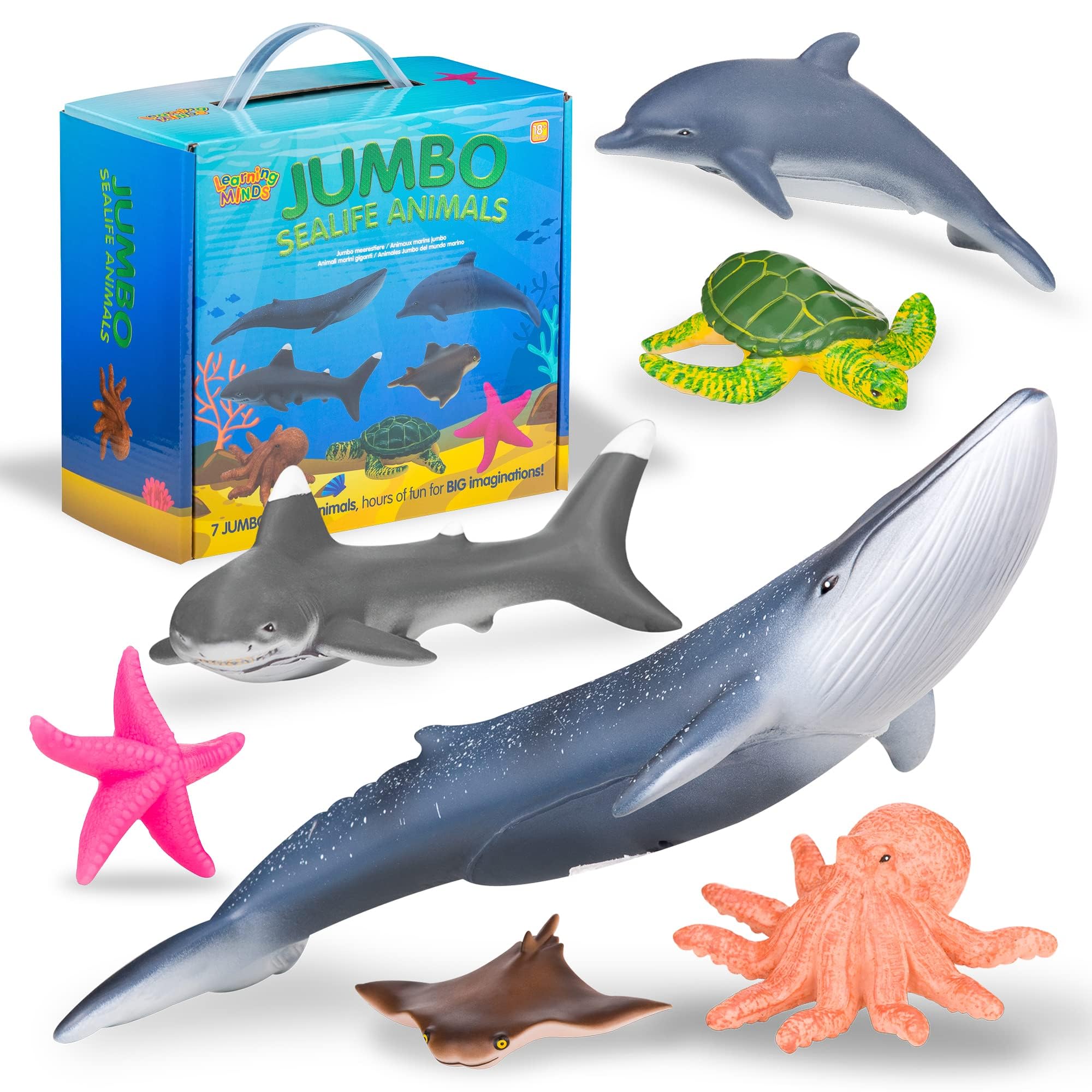 Learning Minds Jumbo Sea Animal Figures - Set of 7 Educational Fish Toys For Children - Shark, Whale, Dolphin Toys For Kids - Toy Fish & Sea Creatures For Children - Suitable From Age 18 Months