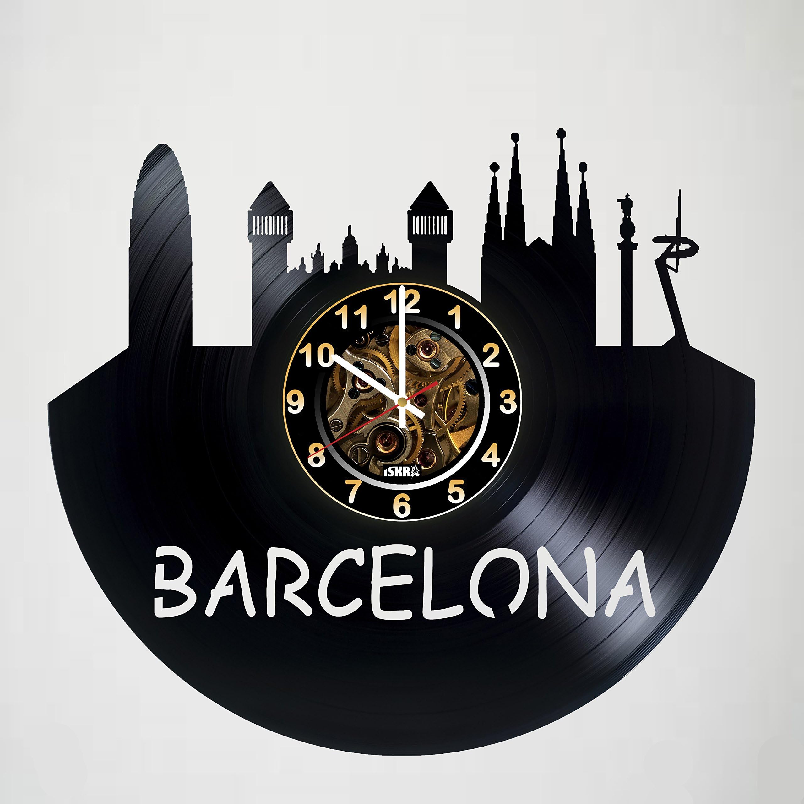 Wall Clock Compatible with Barcelona City - Spain - Vinyl Wall Clock - Skyline Sticker - Living Room Wall Decor Gift idea for Friends, Teens, Men and Women, Girls and Boys - Unique Art Design Gifts