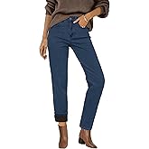Arach&Cloz Women's Fleece Lined Jeans with Pockets Fall High Waisted Classic Stretchy Winter Pants 2025 Dark Blue M
