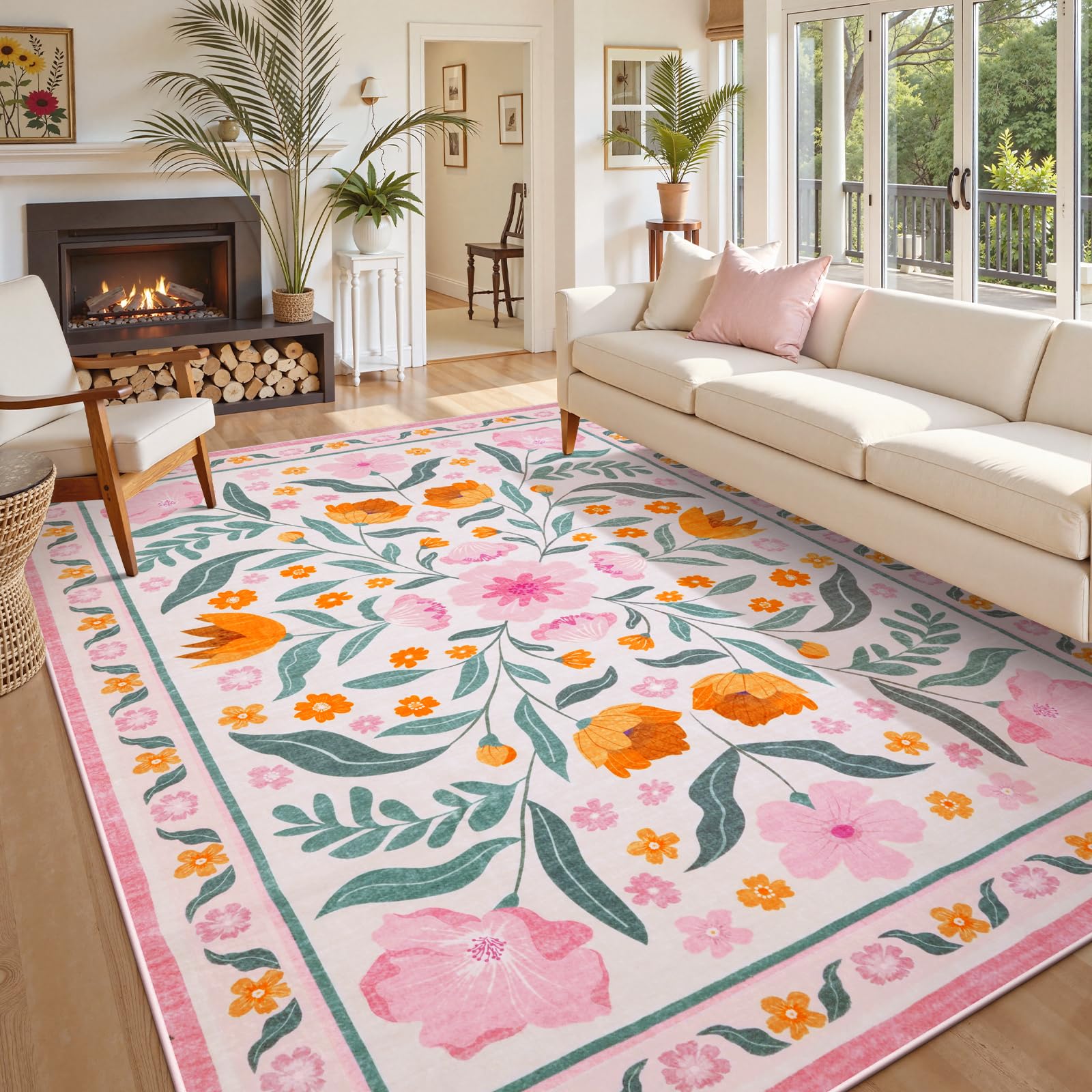 Photo 1 of **Needs to be washed**    Anidaroel Pink Floral Living Room Rugs 8x10, Washable Area Rugs for Bedroom Soft Non Slip Boho Rug Non-Slip Low Pile Girls Kids Playroom Rug, Indoor Throw Carpet for Nursery Dorm Office